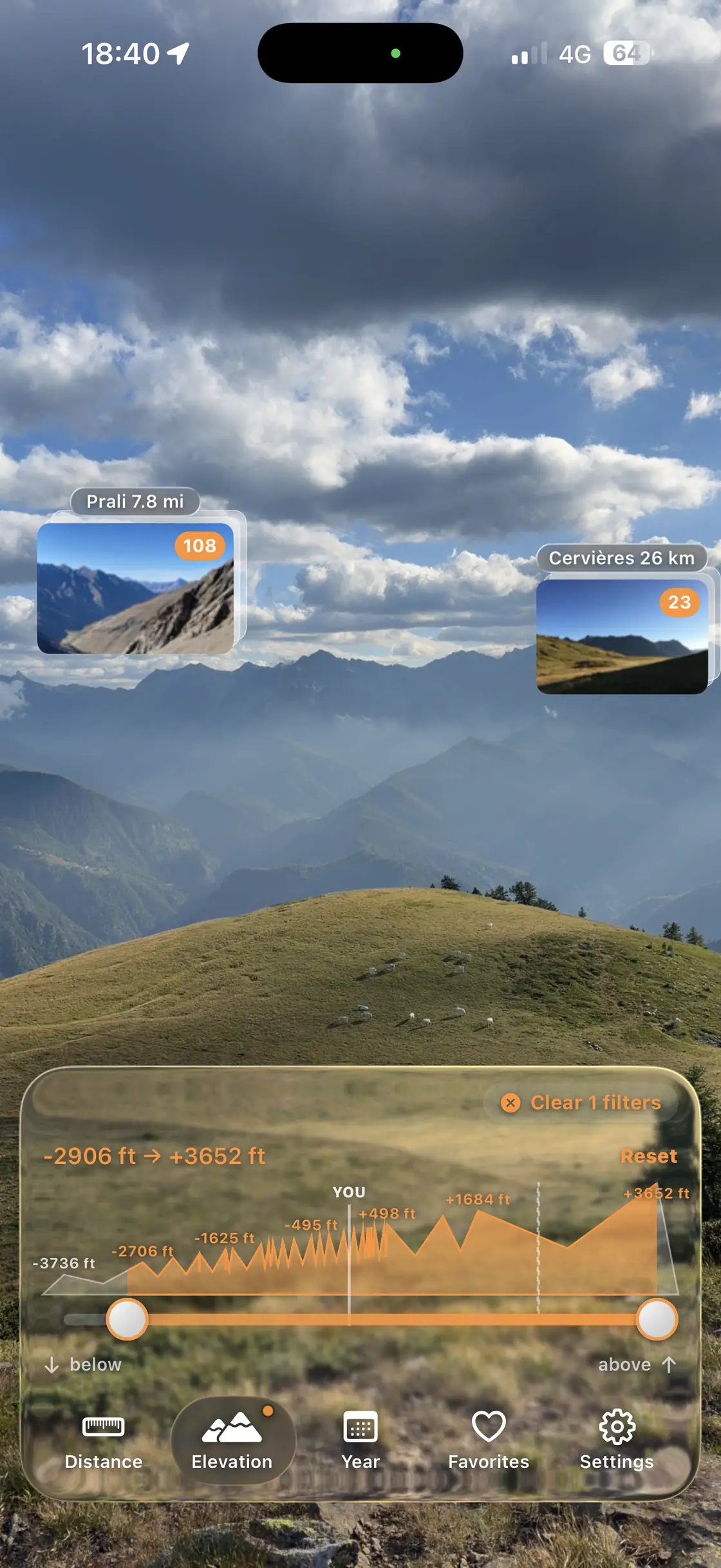 Live camera view with photos pinned on a mountain ridge